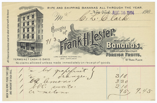 Frank H. Lester Wholesaler of Bananas: Bill or Receipt, August 1904